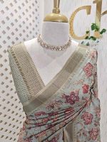 Semi Tussar with floral pattern highlighted by  running stitch embroidery and sequins work All over the body - Image 5