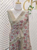 Semi Tussar with floral pattern highlighted by  running stitch embroidery and sequins work All over the body - Image 4