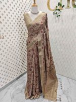 Semi Tussar with floral pattern highlighted by  running stitch embroidery and sequins work All over the body - Image 3