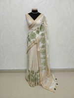 Semi Tussar with oversized floral applique embroidery on the body complimented by minimal floral buttas across the body - Image 8