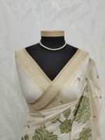 Semi Tussar with oversized floral applique embroidery on the body complimented by minimal floral buttas across the body - Image 9