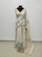 Semi Tussar with oversized floral applique embroidery on the body complimented by minimal floral buttas across the body - Image 5