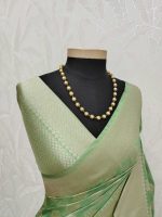 Tissue Banarasi with leafy-inspired zari-woven buttas all over the body, complemented by a rich self zari-woven border - Image 4