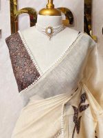Tissue saree with oversized floral-vine inspired applique detailing on the body and a delicate crochet lace border - Image 2