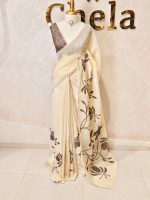 Tissue saree with oversized floral-vine inspired applique detailing on the body and a delicate crochet lace border - Image 3