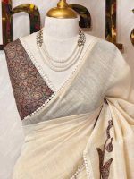 Tissue saree with oversized floral-vine inspired applique detailing on the body and a delicate crochet lace border - Image 5
