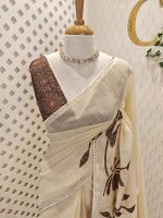 Tissue saree with oversized floral-vine inspired applique detailing on the body and a delicate crochet lace border - Image 7