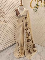Tissue saree with oversized floral-vine inspired applique detailing on the body and a delicate crochet lace border - Image 9