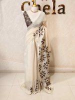 Tissue Saree with floral applique embroidery on the body complimented by a lace-detailing  border - Image 3