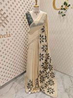 Tissue Saree with floral applique embroidery on the body complimented by a lace-detailing  border - Image 9