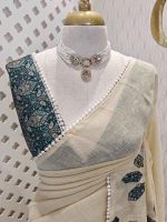 Tissue Saree with floral applique embroidery on the body complimented by a lace-detailing  border - Image 8