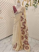 Tissue Saree with floral applique embroidery on the body complimented by a lace-detailing  border - Image 12