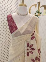 Tissue Saree with floral applique embroidery on the body complimented by a lace-detailing  border - Image 10