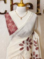 Tissue Saree with floral applique embroidery on the body complimented by a lace-detailing  border - Image 4