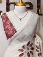 Tissue Saree with floral applique embroidery on the body complimented by a lace-detailing  border - Image 5
