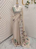 Tissue saree with orchid -inspired floral applique-embroidery on the lower body complimented by a lace-detailing  border - Image 9