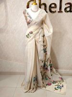 Tissue saree with orchid -inspired floral applique-embroidery on the lower body complimented by a lace-detailing  border - Image 6