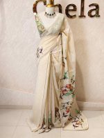 Tissue saree with orchid -inspired floral applique-embroidery on the lower body complimented by a lace-detailing  border - Image 3