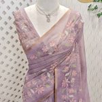 Tissue with floral vine applique embroidery all over the body, highlighted with pastel floral detailing, a subtle zari border