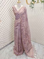 Tissue with floral vine applique embroidery all over the body, highlighted with pastel floral detailing, a subtle zari border - Image 3