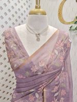 Tissue with floral vine applique embroidery all over the body, highlighted with pastel floral detailing, a subtle zari border - Image 2