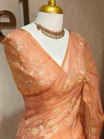 Tissue with floral vine applique embroidery all over the body, highlighted with pastel floral detailing, a subtle zari border - Image 16