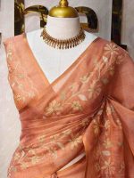 Tissue with floral vine applique embroidery all over the body, highlighted with pastel floral detailing, a subtle zari border - Image 17
