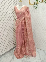 Tissue with floral vine applique embroidery all over the body, highlighted with pastel floral detailing, a subtle zari border - Image 6