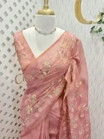 Tissue with floral vine applique embroidery all over the body, highlighted with pastel floral detailing, a subtle zari border - Image 4