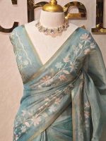 Tissue with floral vine applique embroidery all over the body, highlighted with pastel floral detailing, a subtle zari border - Image 11