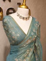 Tissue with floral vine applique embroidery all over the body, highlighted with pastel floral detailing, a subtle zari border - Image 12