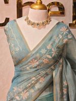 Tissue with floral vine applique embroidery all over the body, highlighted with pastel floral detailing, a subtle zari border - Image 14