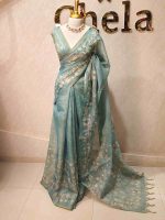 Tissue with floral vine applique embroidery all over the body, highlighted with pastel floral detailing, a subtle zari border - Image 13