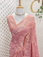 Tissue saree with lotus inspired floral vein prints highlighted by intricate Aari  embroidery - Image 4