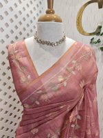 Tissue saree with lotus inspired floral vein prints highlighted by intricate Aari  embroidery - Image 5