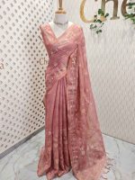 Tissue saree with lotus inspired floral vein prints highlighted by intricate Aari  embroidery - Image 6