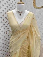 Organza with lotus flower like satin thread work and scallop border - Image 4