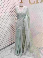 Organza with lotus flower like satin thread work and scallop border - Image 3