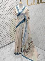 Linen with tree like embroidery design and small temple border - Image 6