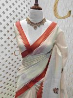 Linen with tree like embroidery design and small temple border - Image 7