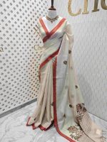 Linen with tree like embroidery design and small temple border - Image 9