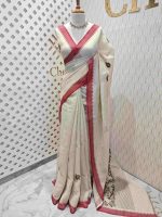 Linen with tree like embroidery design and small temple border - Image 12
