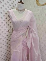 Organza With Pointed Embroidery On The Boarder Flower Buttas On The Body