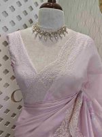 Organza With Pointed Embroidery On The Boarder Flower Buttas On The Body - Image 3
