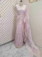 Organza With Pointed Embroidery On The Boarder Flower Buttas On The Body - Image 4