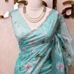 Organza with multicolour floral embroidery and a double scalloped border