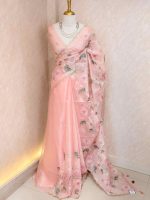 Organza with multicolour floral embroidery and a double scalloped border - Image 12