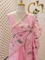 Organza with multicolour floral embroidery and a double scalloped border - Image 16