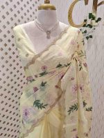 Organza with multicolour floral embroidery and a double scalloped border - Image 22