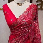 Organza with golden and silver metallic thread work and scallop border